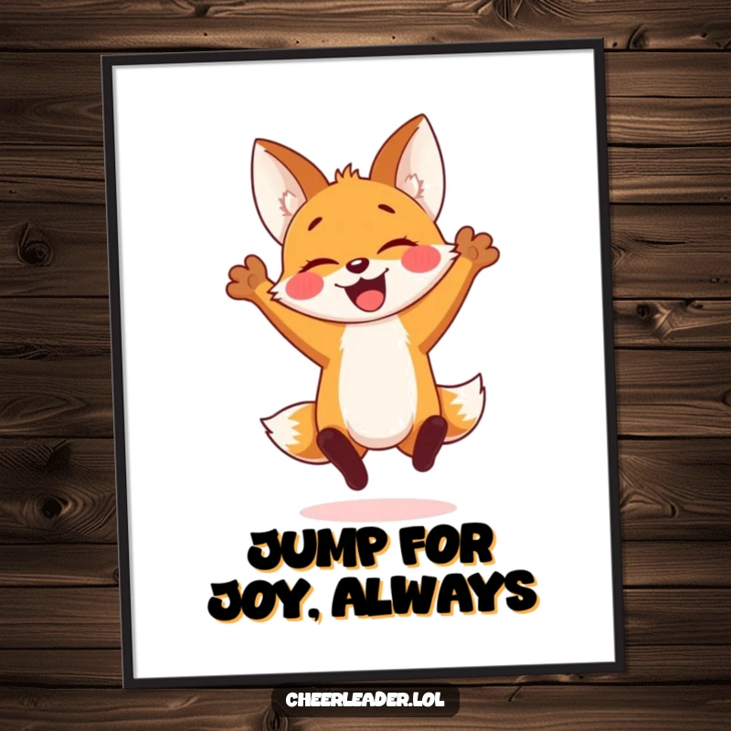 Funny poster of a cheerful fox cub in a spirited jump with arms raised, bringing playful energy and joyful vibes to any wall.