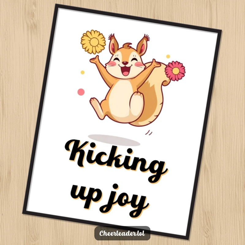 Funny Squirrel Kick Poster: A joyful squirrel in mid-high kick with vibrant pom-poms, capturing energetic movement and humor.
