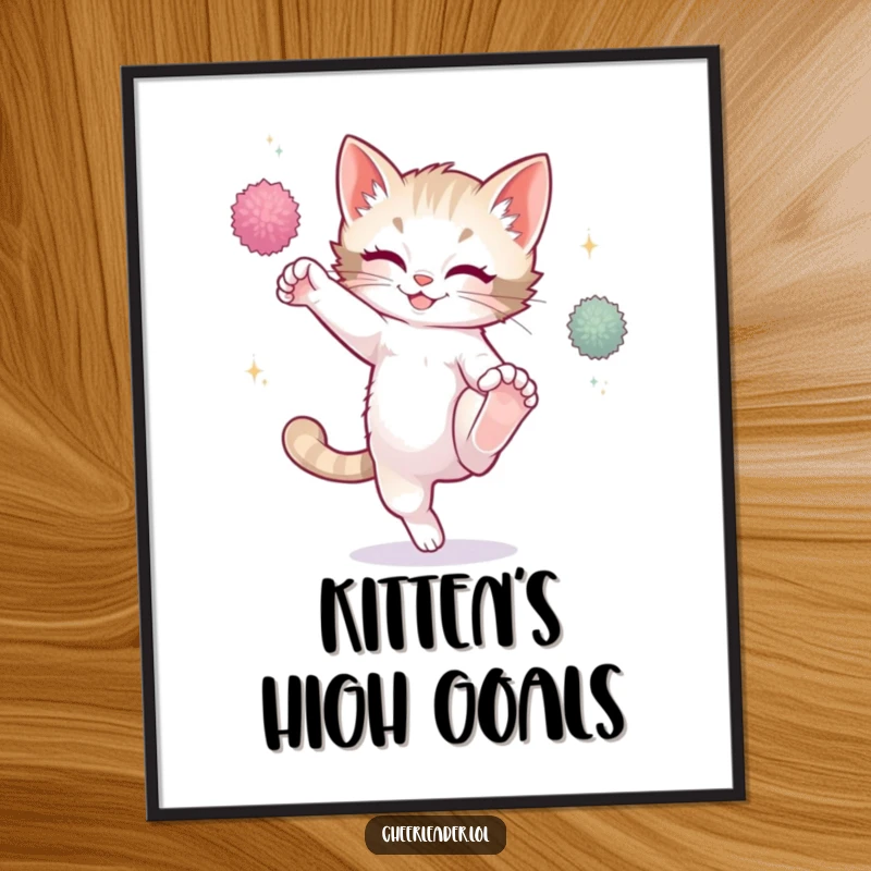 Funny playful kitten attempting a high kick, sparkling pom-poms, framed poster art, cute cat.