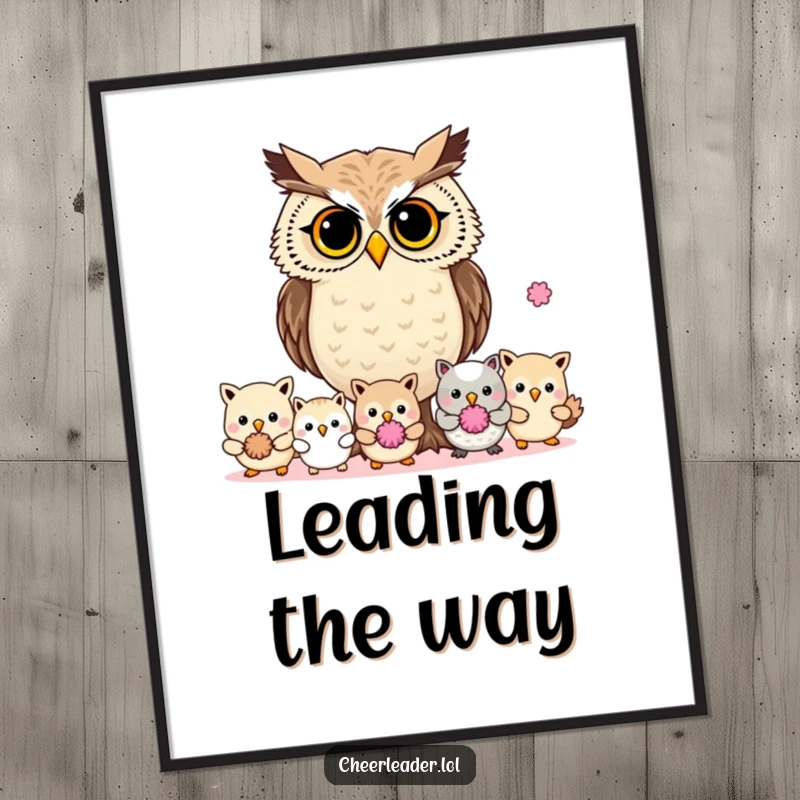 Funny determined owl leading small animals with pom-poms, framed poster art, leadership theme.