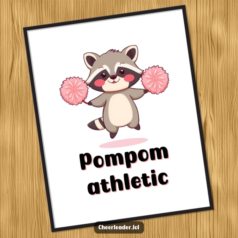 Funny poster illustration of a blushing raccoon enthusiastically jumping rope with two oversized pom-poms.