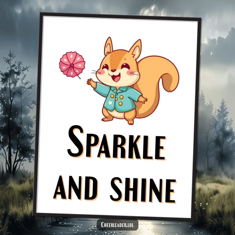 Funny squirrel cheerleader poster, showing a squirrel in a sparkly uniform tossing a pom-pom with maximum enthusiasm and joy.