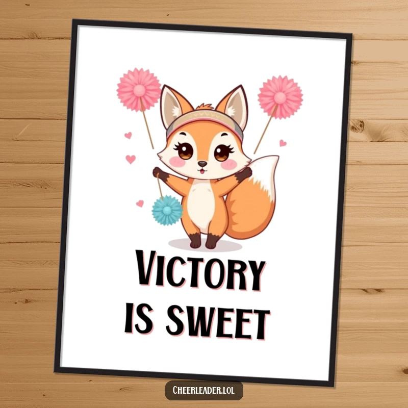 Funny and cute fox in a headband, enthusiastically waving pom-poms, displayed as eye-catching wall art. A burst of energy.
