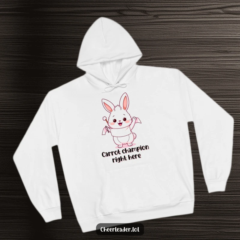 Funny hoodie with a fluffy bunny enthusiastically waving a vibrant banner, offering warmth and a burst of humor for cozy days.