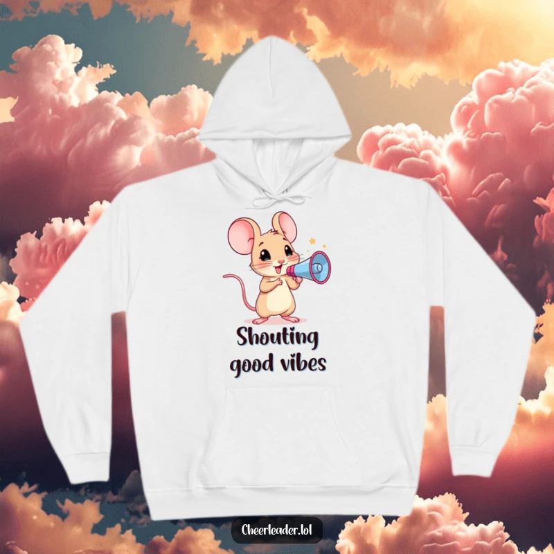 Funny hoodie featuring a curious mouse holding a megaphone, leading a cheer with spirited determination.