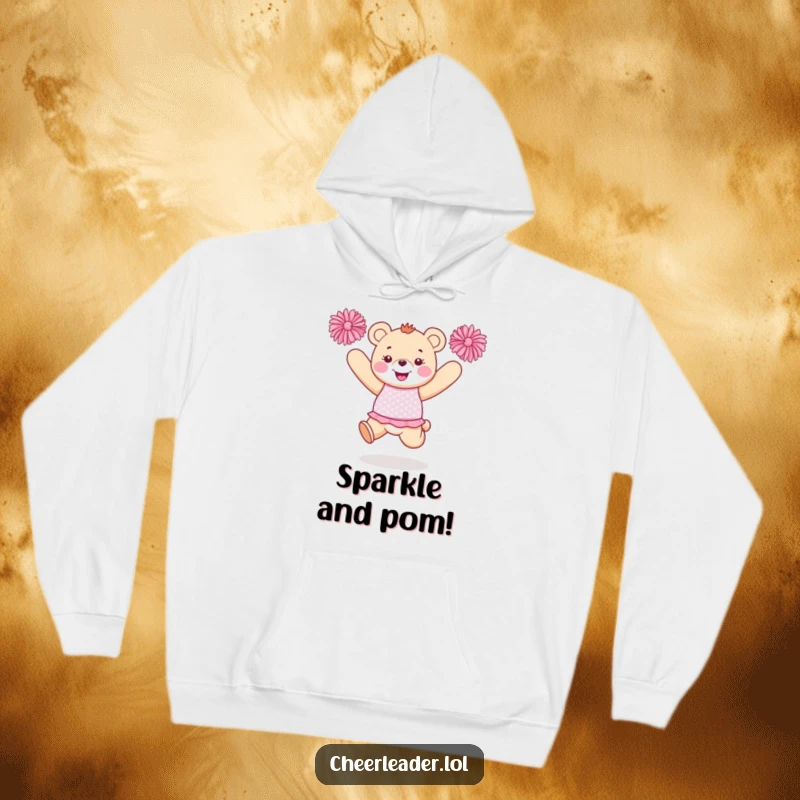 Funny bear cheerleader hoodie showing a happy bear in a dazzling uniform jumping enthusiastically with pom-poms.