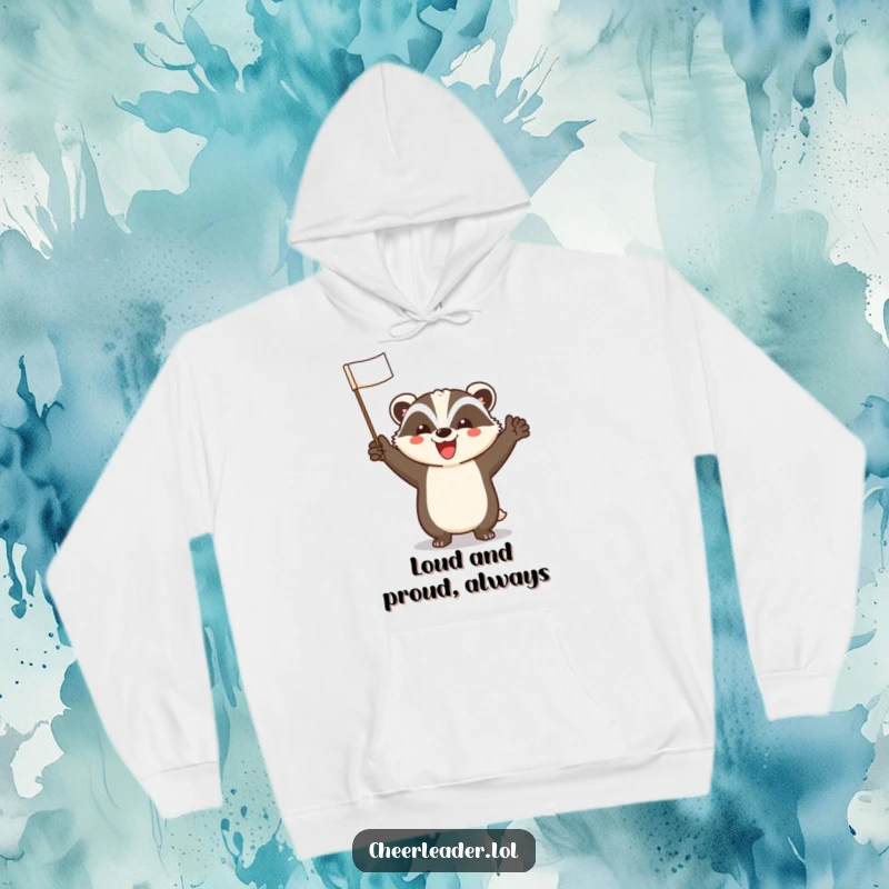 Funny Badger Hoodie: A cozy hoodie with a smiling badger leading a spirited cheer, radiating warmth and happiness.