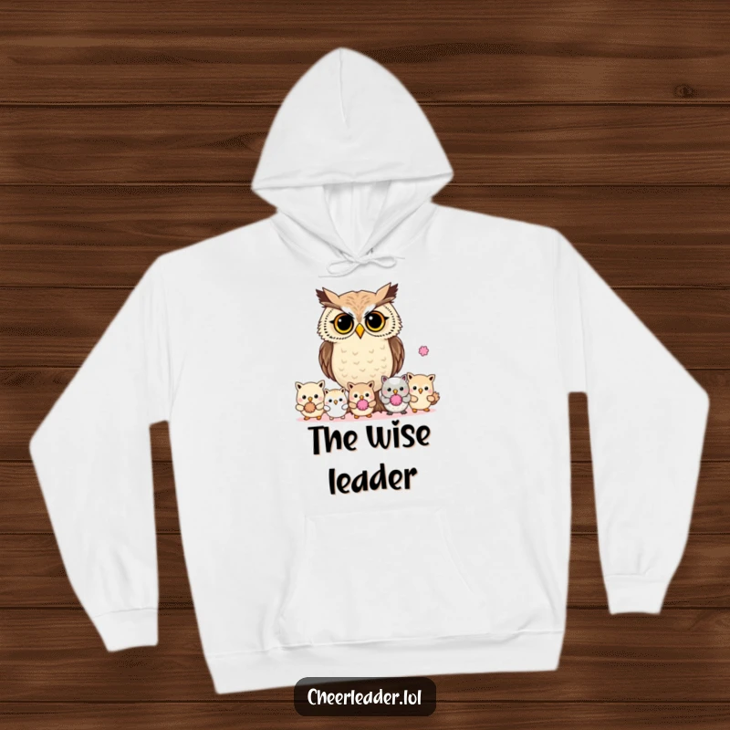 Funny determined owl leading animals with pom-poms, wearing a cozy hoodie, wise creature design.