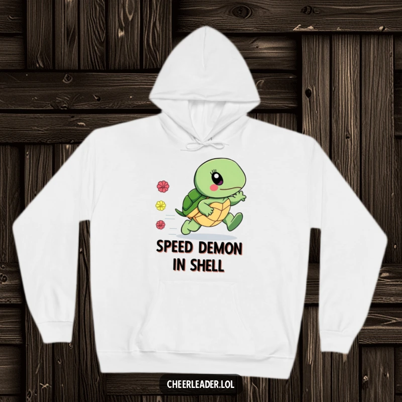 Funny hoodie featuring a surprisingly fast turtle with pom-poms trailing, offering comfort and a humorous surprise, a great funny gift.