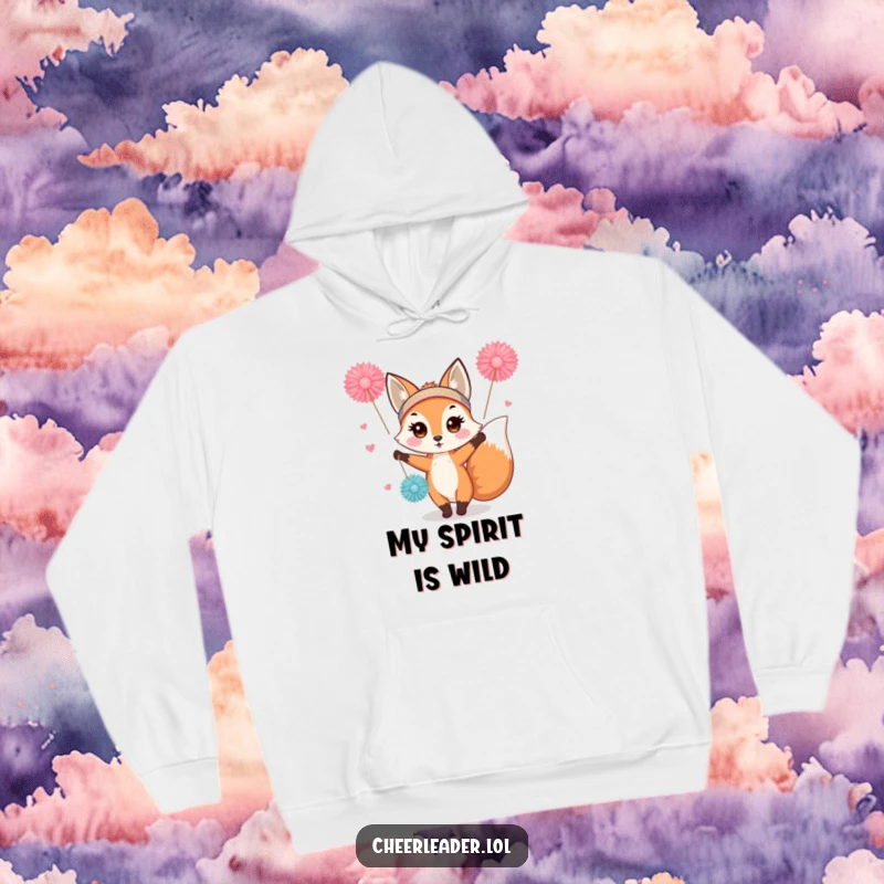 Funny and cute fox in a headband, enthusiastically waving pom-poms, featured on a cozy hoodie, perfect for cheer fans.
