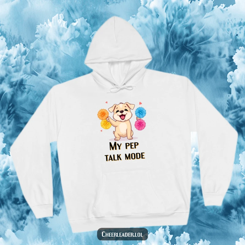 Funny hoodie featuring a happy puppy actively shaking pom-poms, offering enthusiastic encouragement, a cozy and motivational apparel choice.