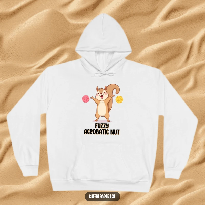Funny hoodie depicting a happy squirrel performing a cartwheel with pom-poms extended, full of energy.