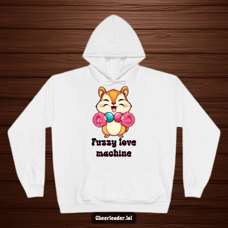 Funny Chipmunk Hoodie featuring a beaming chipmunk creating a heart shape with fluffy pom-poms, soft and cute for a humorous gift.