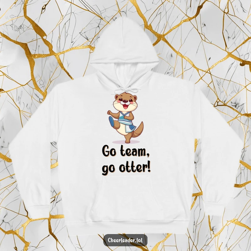 Funny Hoodie featuring a grinning otter in a cheerleader outfit performing a high kick, combining warmth and humor.