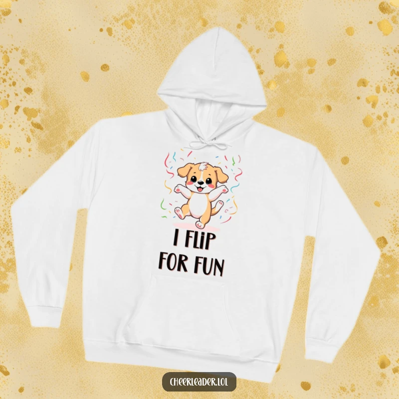 Funny Hoodie depicting a joyful puppy performing a cartwheel amidst colorful streamers, offering warmth and playful vibes.