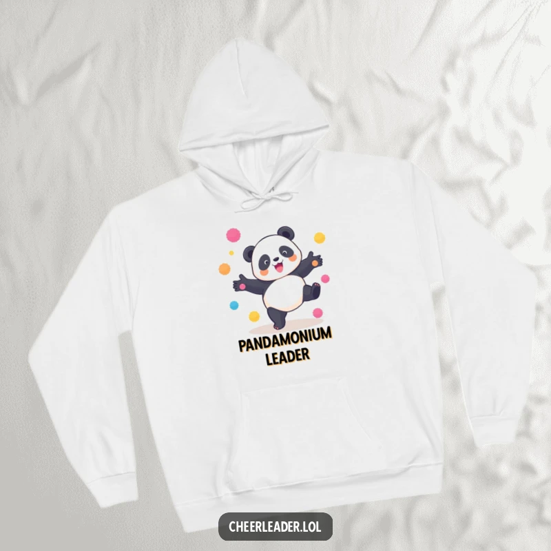 Funny Panda Cartwheel Hoodie: A playful panda doing a cartwheel with bright pom-poms, radiating warmth and humorous energy.