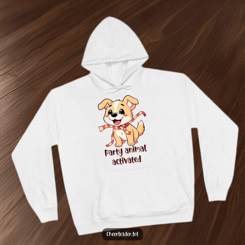 Funny Dog Hoodie: A smiling dog shakes a striped ribbon with fervent barks, offering warmth and a festive, celebratory vibe.