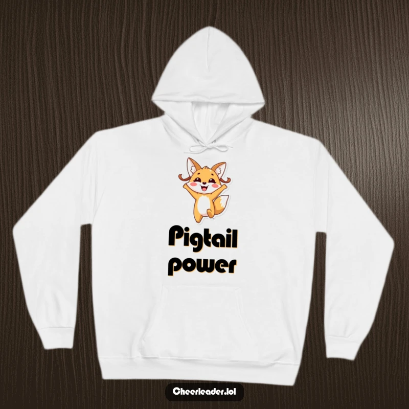 Funny fox pigtails hoodie, depicting a cheerful fox with pigtails enthusiastically jumping with a huge, happy smile.