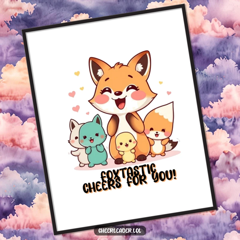 Funny Free Printable Wall Art: A happy fox proudly leading a cheerful squad of various small animals in a lively cheer.