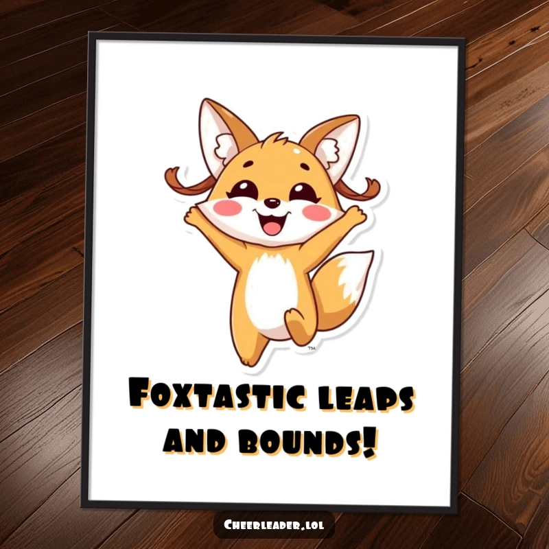 Funny Free Printable Wall Art: Cheerful fox with pigtails enthusiastically jumping, a vibrant and smile-inducing downloadable art piece.