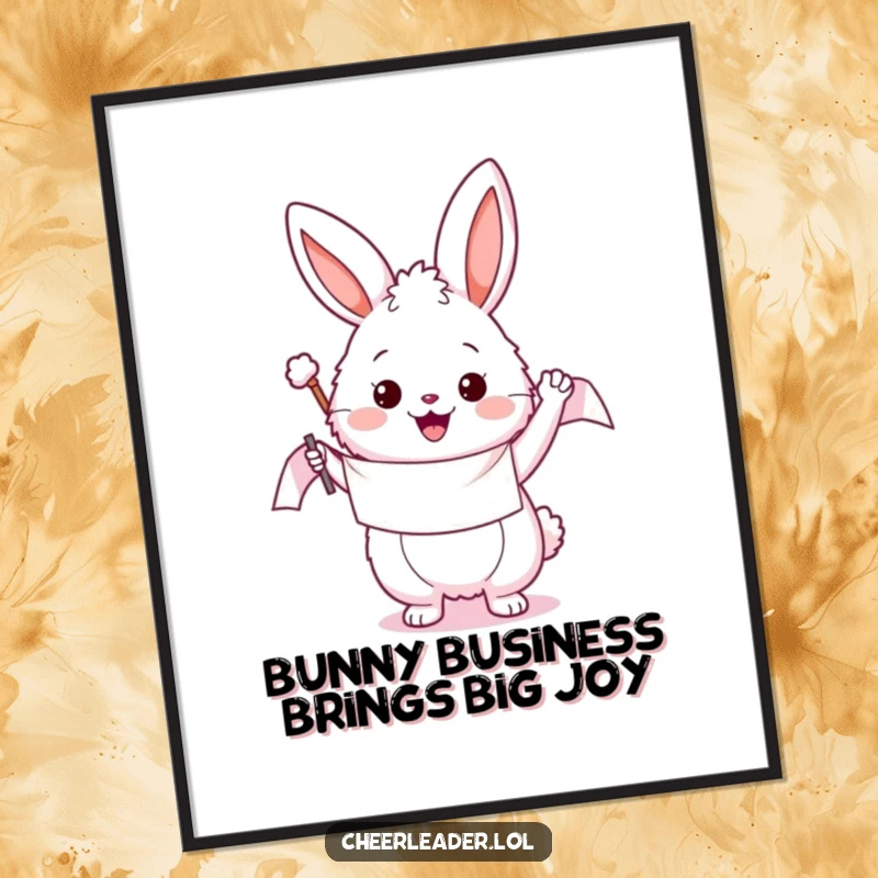 Funny Free Printable Wall Art of a fluffy bunny enthusiastically waving a banner, adding a playful touch to any room.