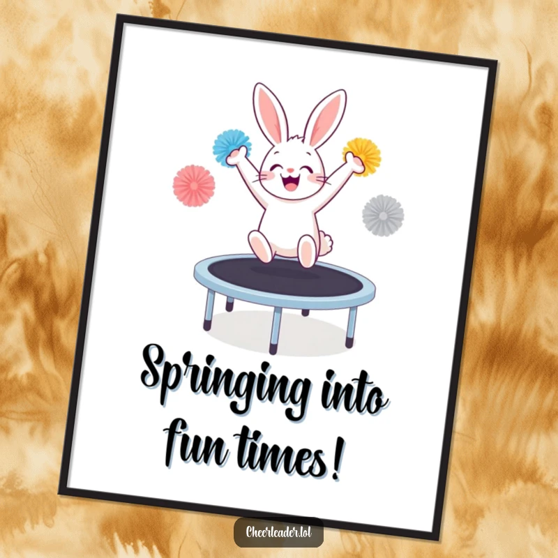 Funny Free Printable Bunny Wall Art: A happy bunny with pom-poms enthusiastically bouncing on a trampoline, full of life.