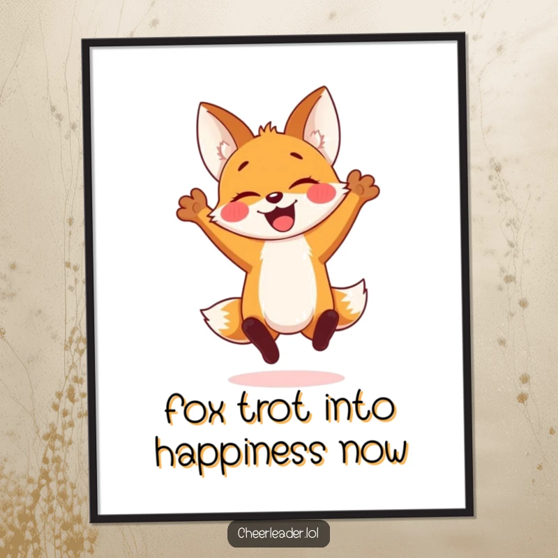 Funny Free Printable Wall Art of a cheerful fox cub in a spirited jump with arms raised, bringing joy to any wall.