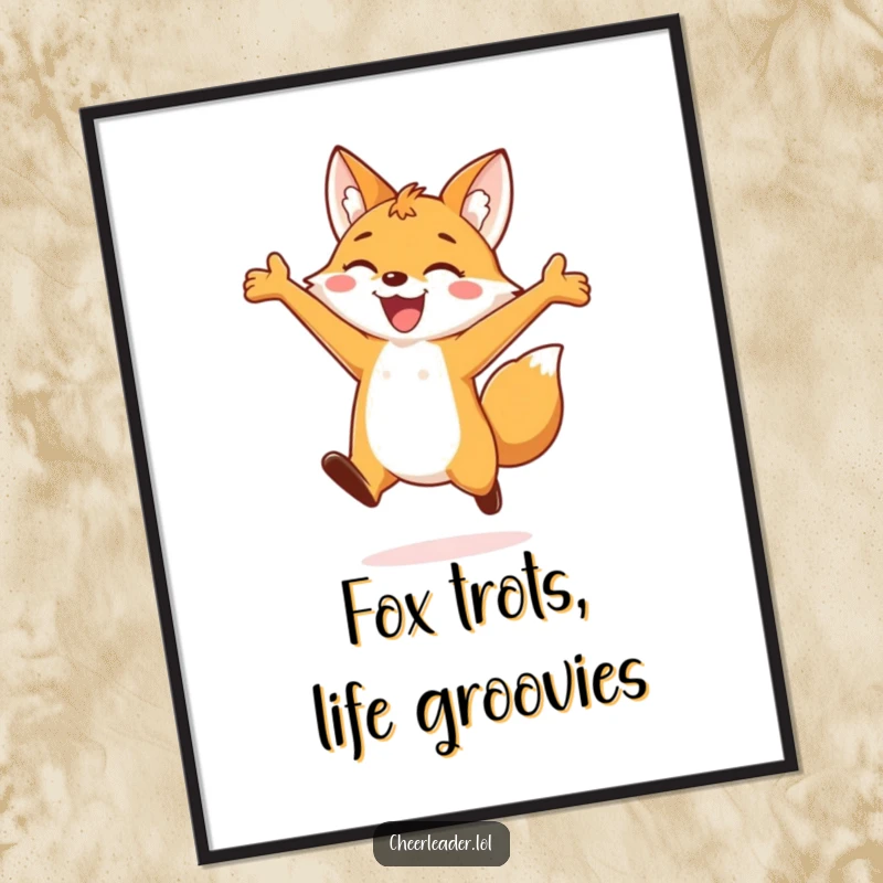 Funny Free Printable Wall Art: A cheerful fox in mid-air leap, arms wide, pure happiness, perfect for a funny home accent.