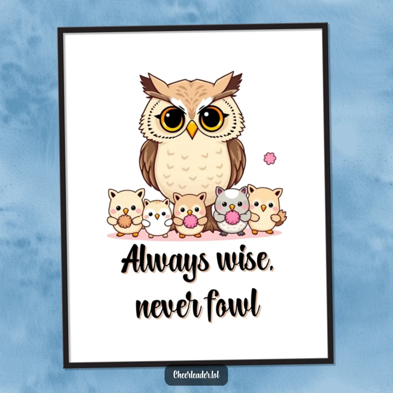 Funny Free Printable Wall Art: A determined owl with pom-poms, leading smaller animals, embodying wisdom and direction.