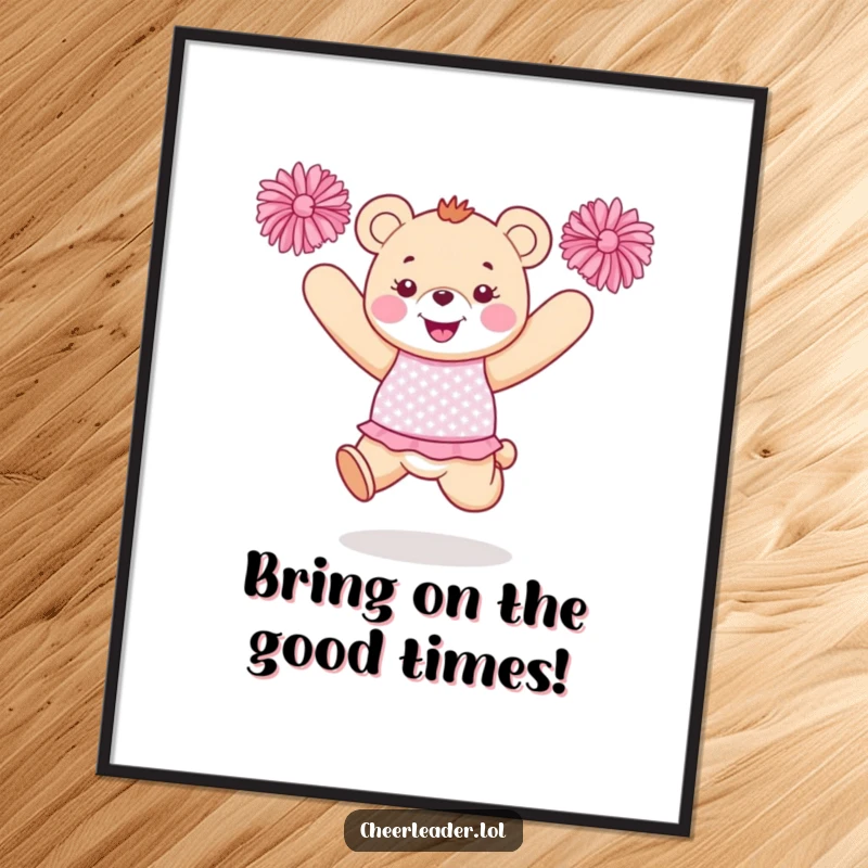Funny Free Printable Wall Art: Happy bear in a sparkly uniform jumps with pom-poms aloft, energetic sports theme.