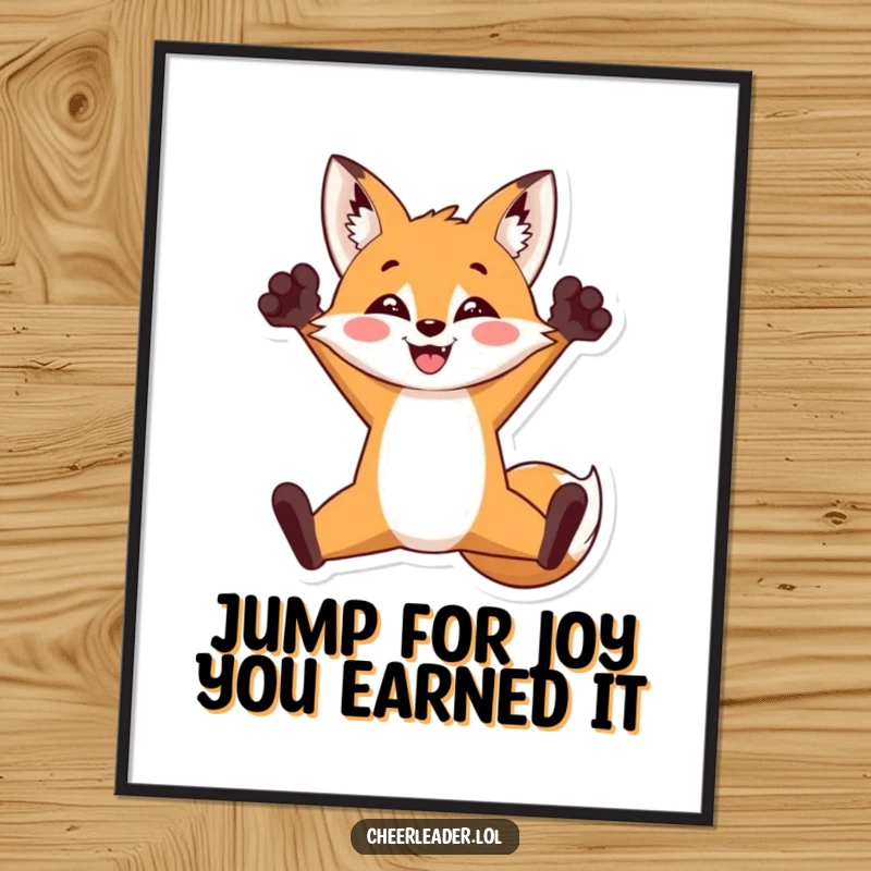 Funny Free Printable Wall Art: A celebratory Fox executing a perfect split jump with paws raised high in a triumphant pose.