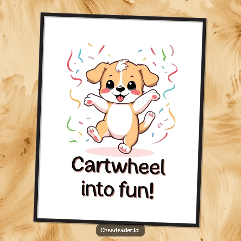 Funny Free Printable Wall Art: A playful puppy doing a cartwheel surrounded by colorful streamers, capturing pure, unadulterated joy.
