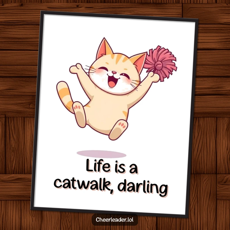 Funny Free Printable Wall Art: Giggling cat in a grand leap with pom-poms, a playful and dynamic design.