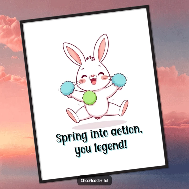 Funny Free Printable Wall Art: A gleeful rabbit performing a dramatic split, holding two colorful pom-poms with a happy expression.