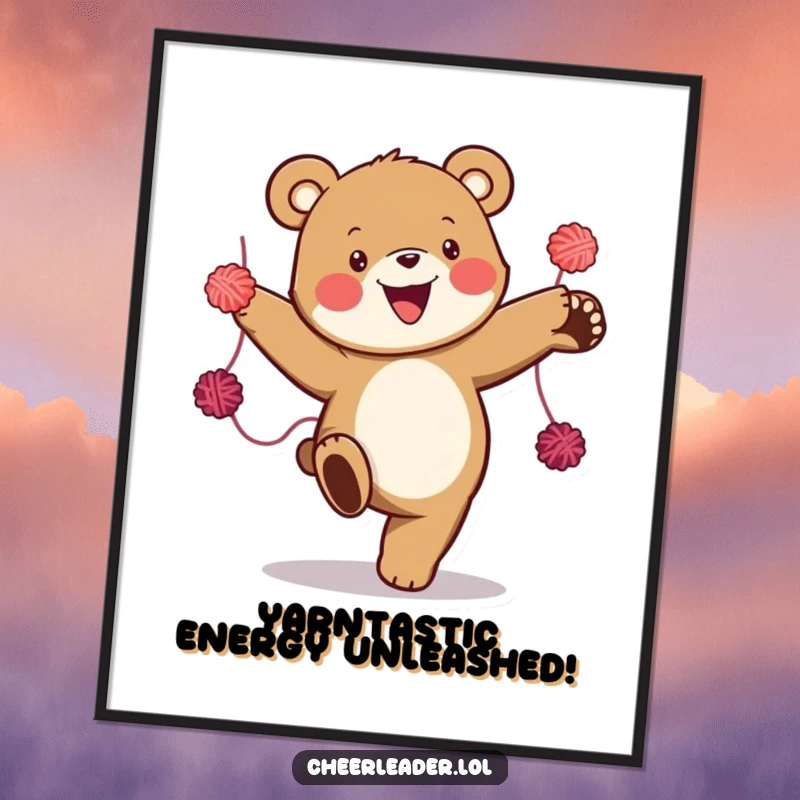 Funny Free Printable Wall Art: A bear performing an enthusiastic high kick with fluffy yarn pom-poms.