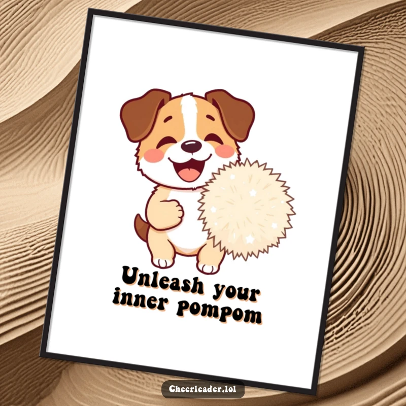 Funny Free Printable Wall Art: A happy dog barking excitedly while clutching a giant pom-pom, joyful art.