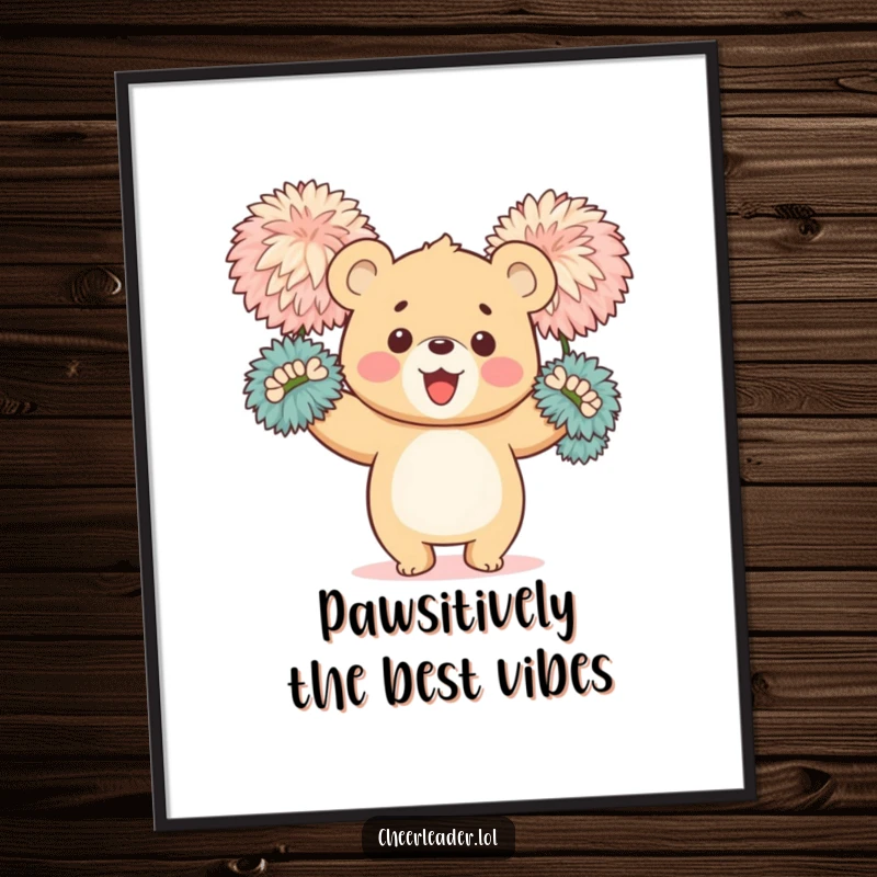 Funny free printable wall art of a happy bear cub enthusiastically waving colorful, large, fluffy pom-poms.