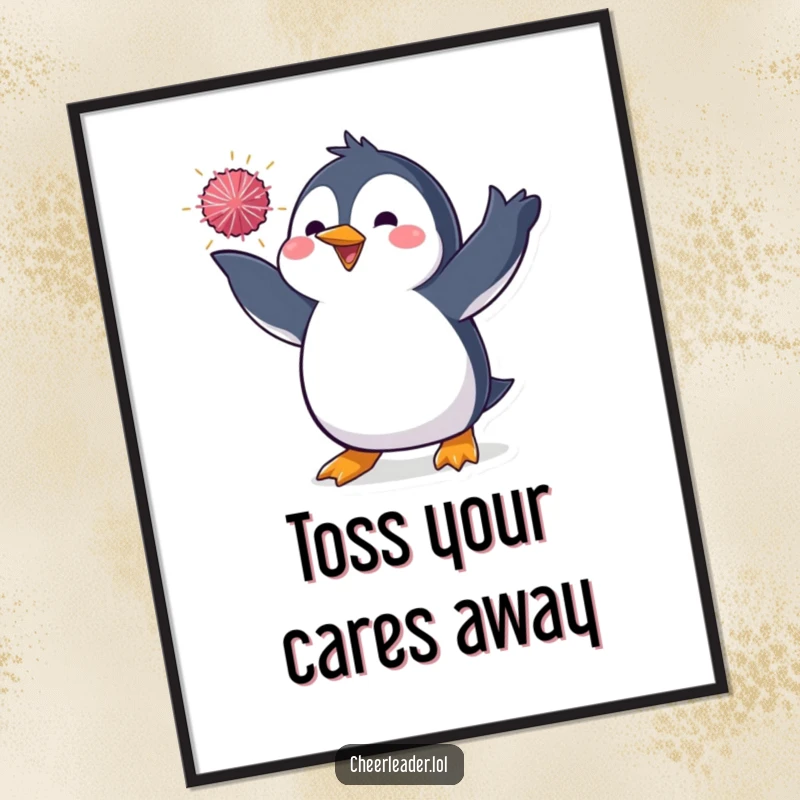 Funny Free Printable Wall Art: A penguin in an eye-catching pose tosses a glittery pom-pom through the air.