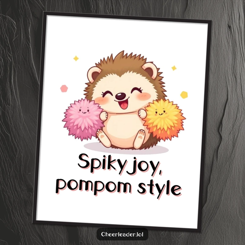 Funny Free Printable Wall Art: Happy hedgehog tumbles with pom-poms, cute and playful decoration, perfect download.