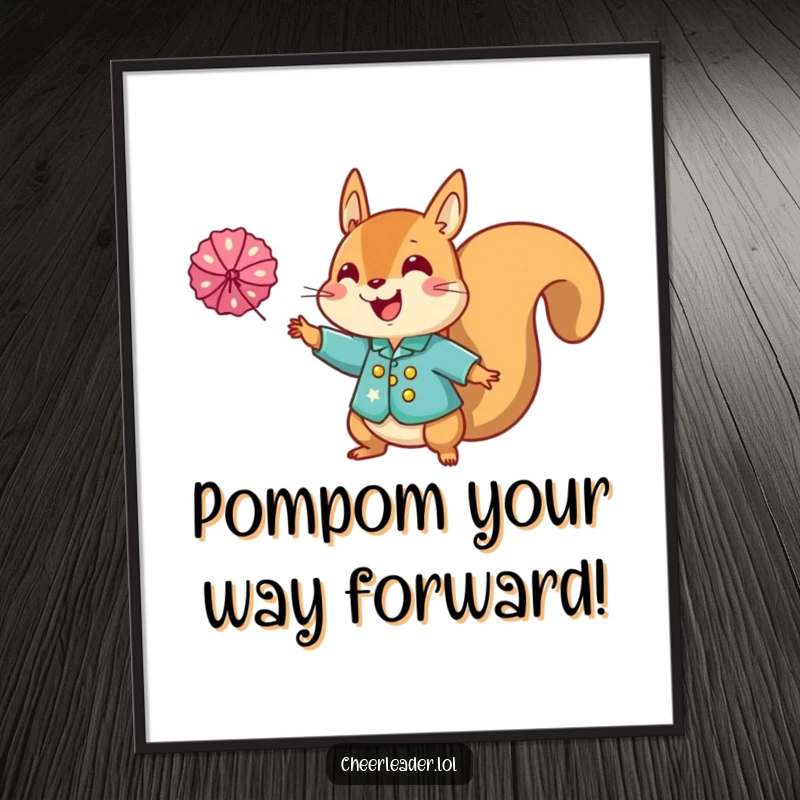 Funny Free Printable Wall Art: Enthusiastic squirrel in a sparkly uniform tossing a pom-pom, a vibrant and cheerful downloadable art.