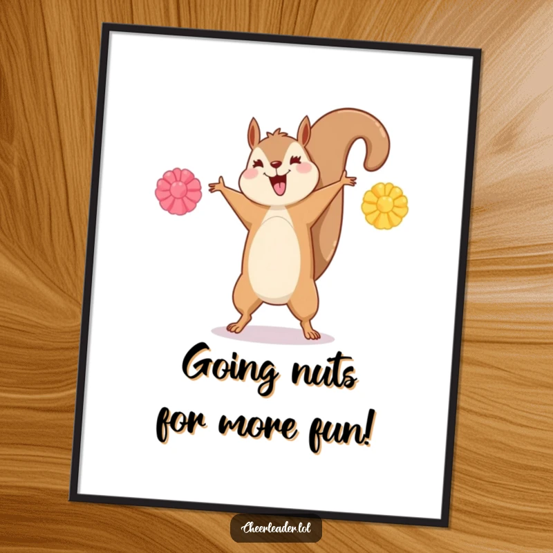 Funny Free Printable Wall Art: A happy squirrel performs an energetic cartwheel with outstretched pom-poms, adding cheer to decor.