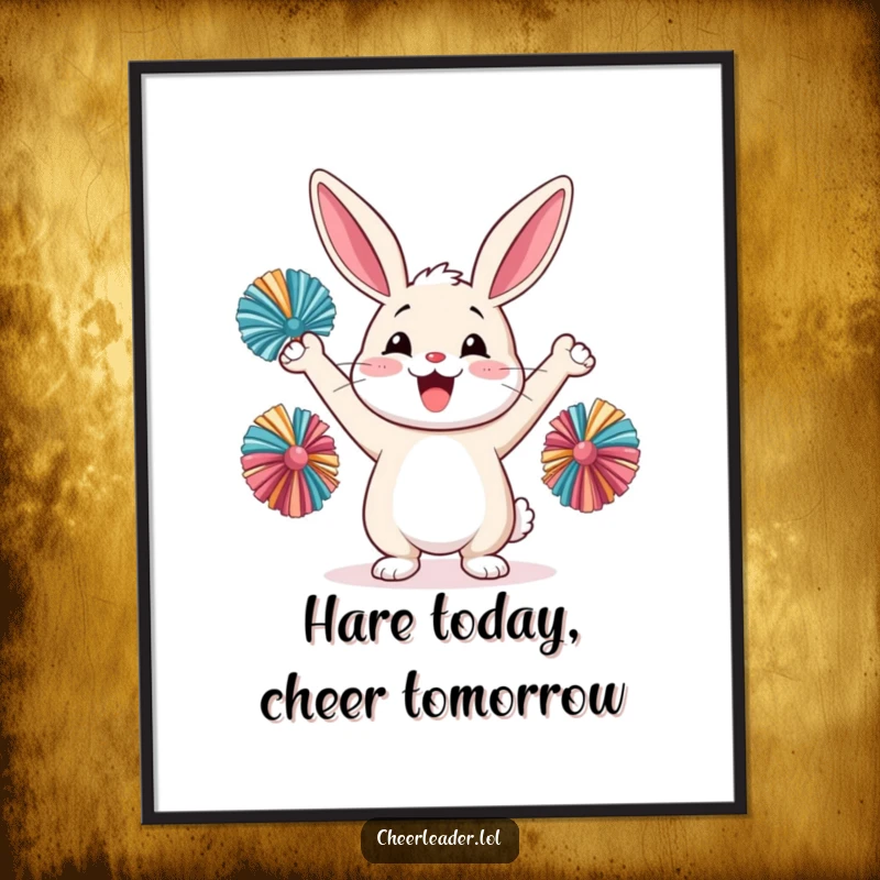 Funny Free Printable Wall Art: A happy rabbit holding pom-poms high, cheering with infectious enthusiasm and a bright smile.