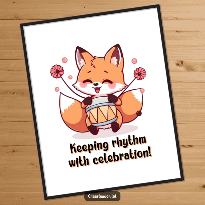 Funny Free Printable Fox Wall Art: An excited fox with pom-poms playing a tiny drum with great enthusiasm and joy.
