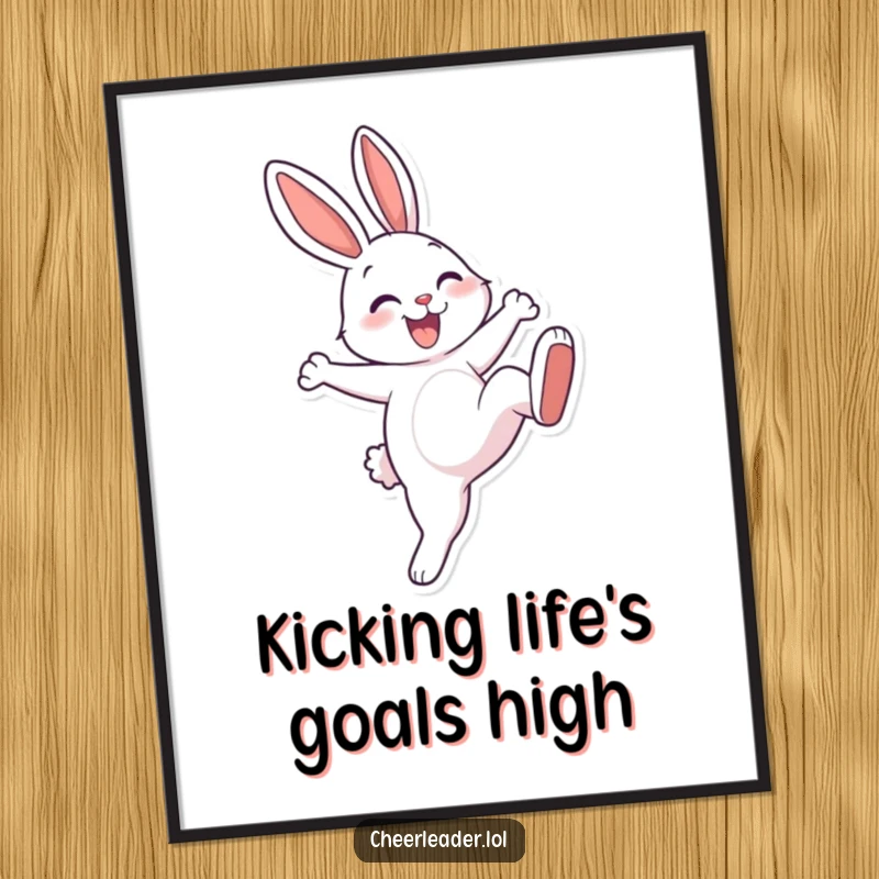 Funny Free Printable Wall Art of a cheerful rabbit with a big smile performing a high kick.