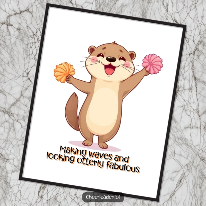 Funny Free Printable Wall Art: Delighted otter on one leg, enthusiastically waving pom-poms, adding vibrant energy to decor.