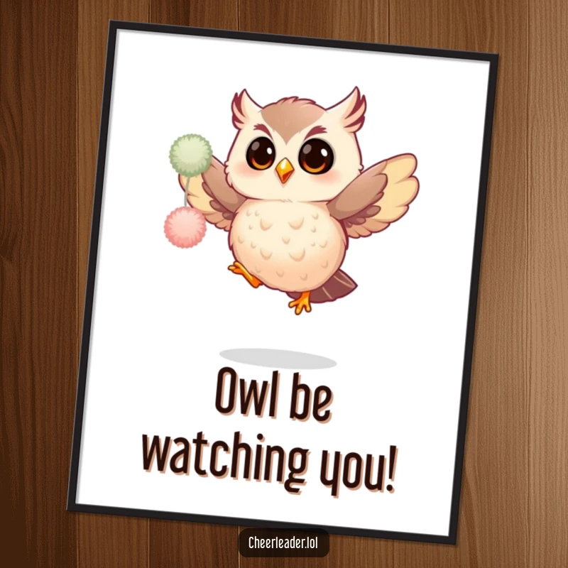 Funny Free Printable Wall Art: Giggling owl doing a spirited jump with fluffy pom-poms, a cheerful decor piece.