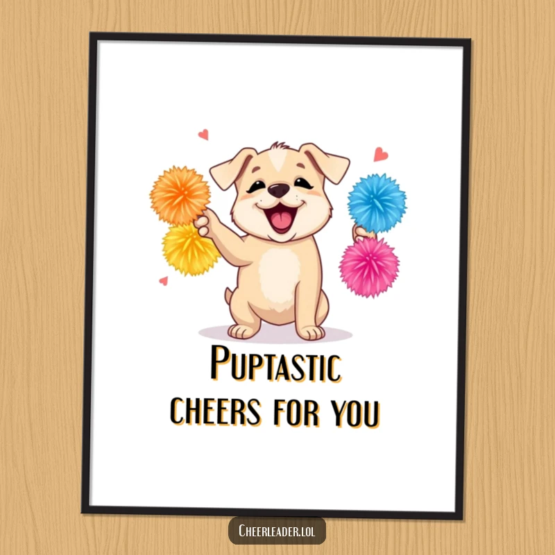 Funny Free Printable Wall Art: A playful puppy energetically shaking colorful pom-poms, radiating pure, infectious, happy energy.