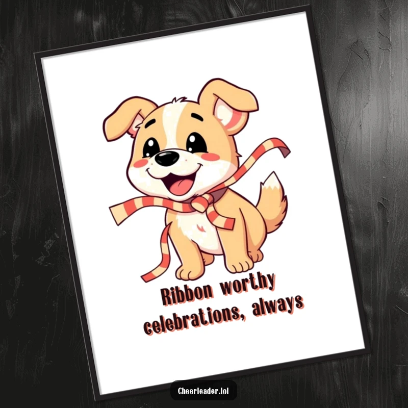 Funny Free Printable Wall Art: A joyful dog enthusiastically barks while shaking a long, brightly striped ribbon, radiating pure happiness.