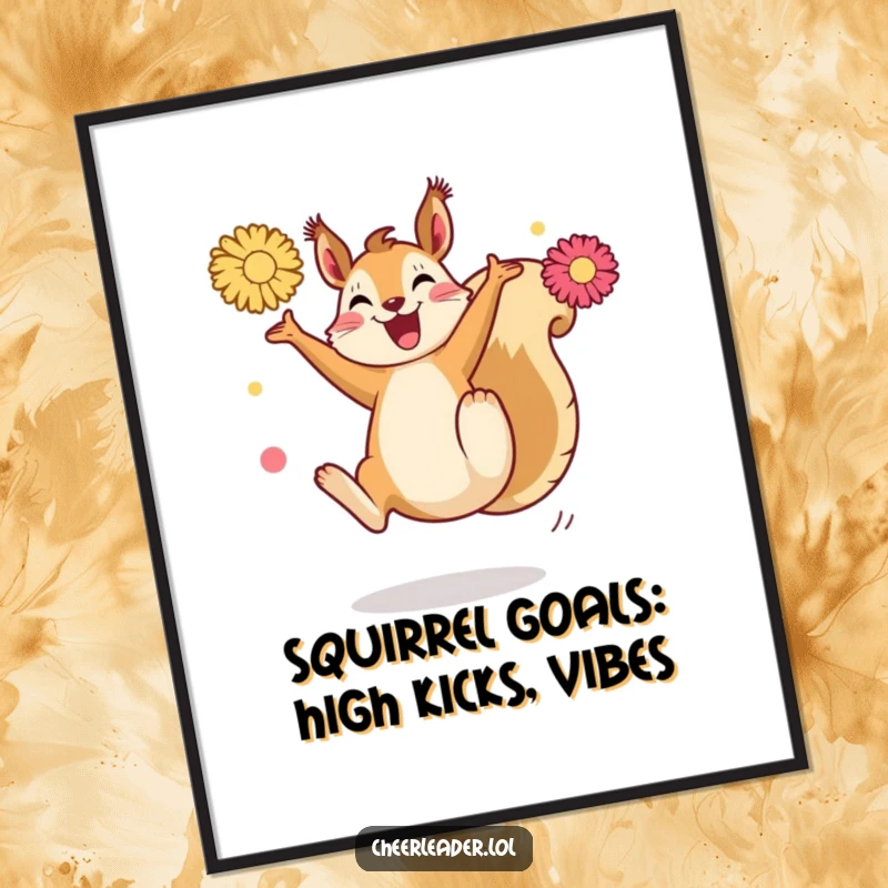 Funny Free Printable Wall Art: A squirrel captured mid-high kick, pom-poms adding to the dynamic action.