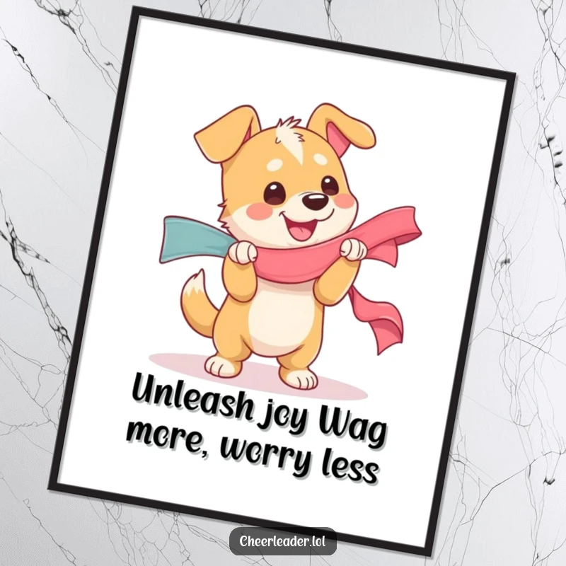 Funny Free Printable Wall Art: A dog overcome with joy, shaking a giant ribbon with ecstatic abandon and a happy grin.